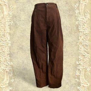 Brown corduroy high-waisted trousers with elastic waistband